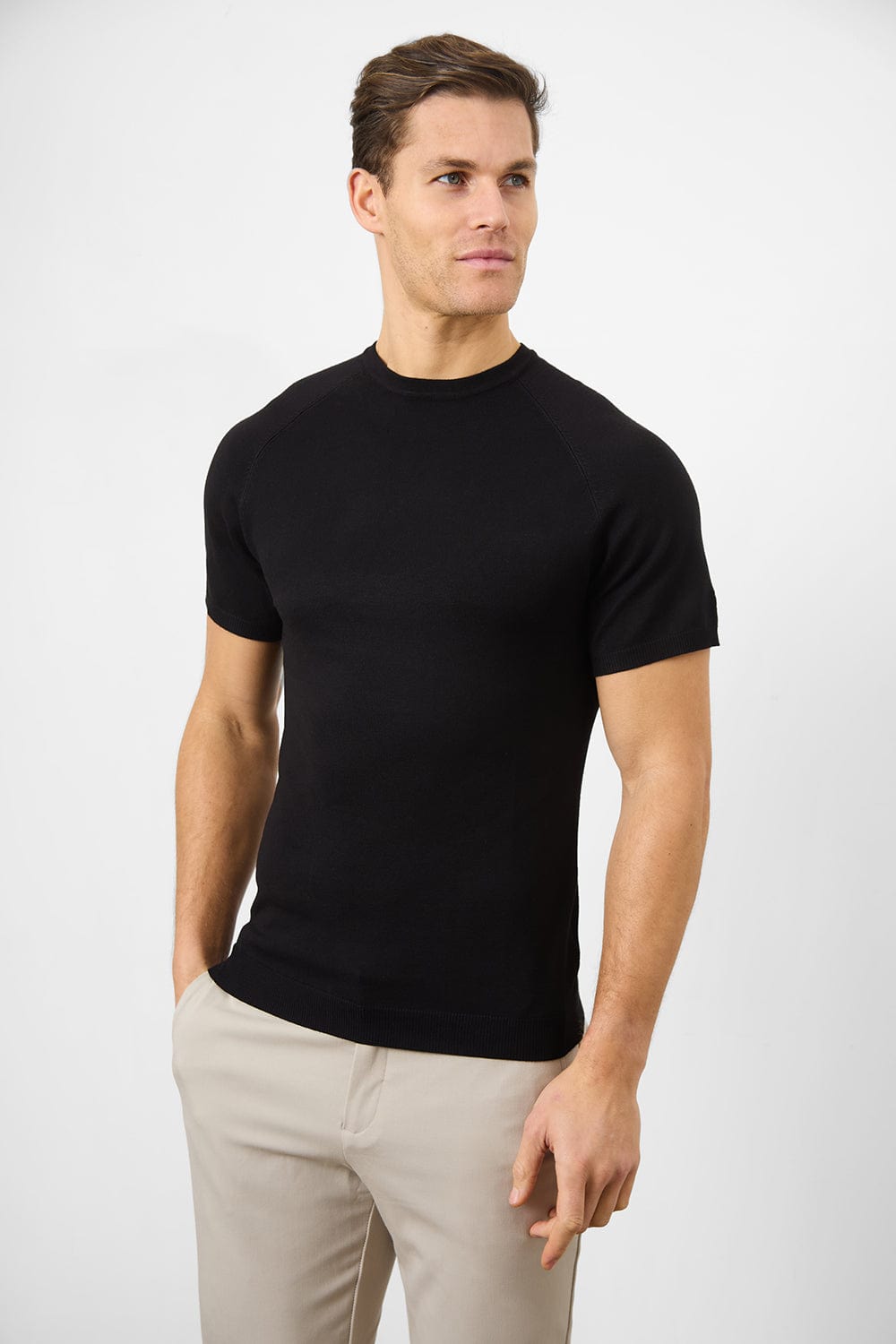 Fine Gauge Knitted T-Shirt in Black